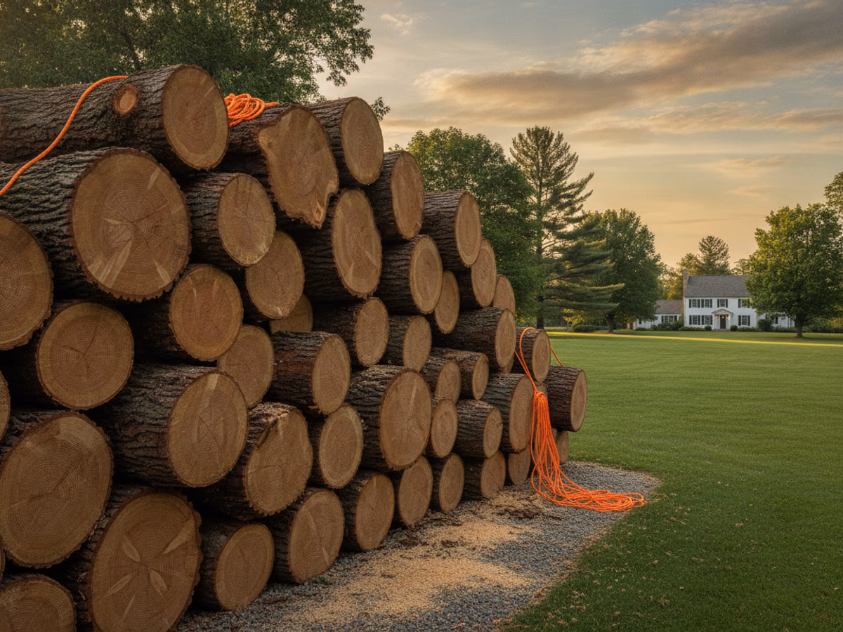 Stacked hardwood logs with cut faces forward