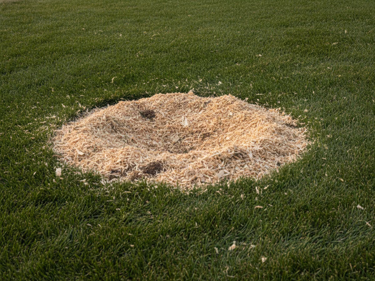 Carpet of fresh wood chips filling the frame